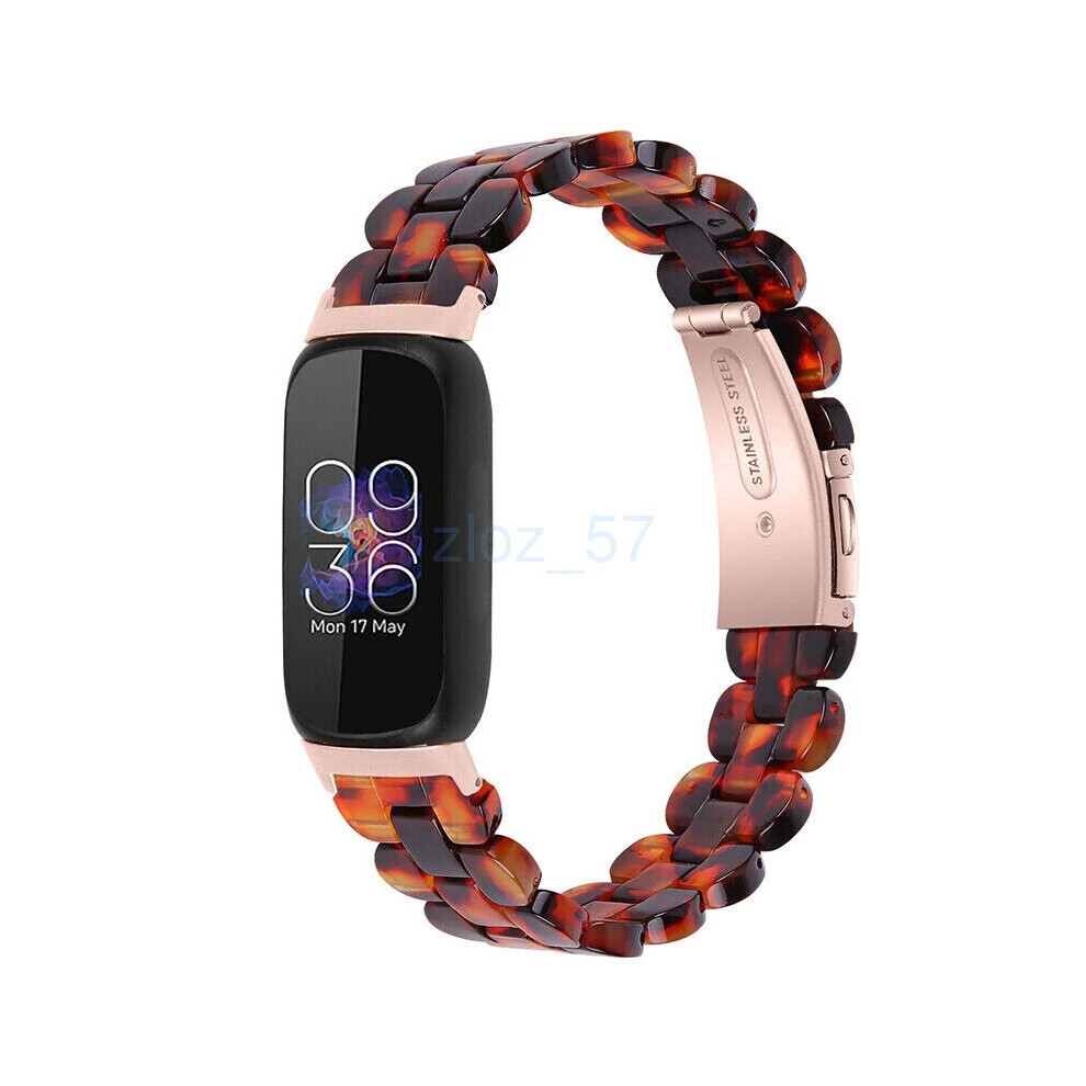 (Tortoiseshell) For Fitbit Inspire 3 Fashion Luxury Resin Strap Stainless Steel Watch Band New Light