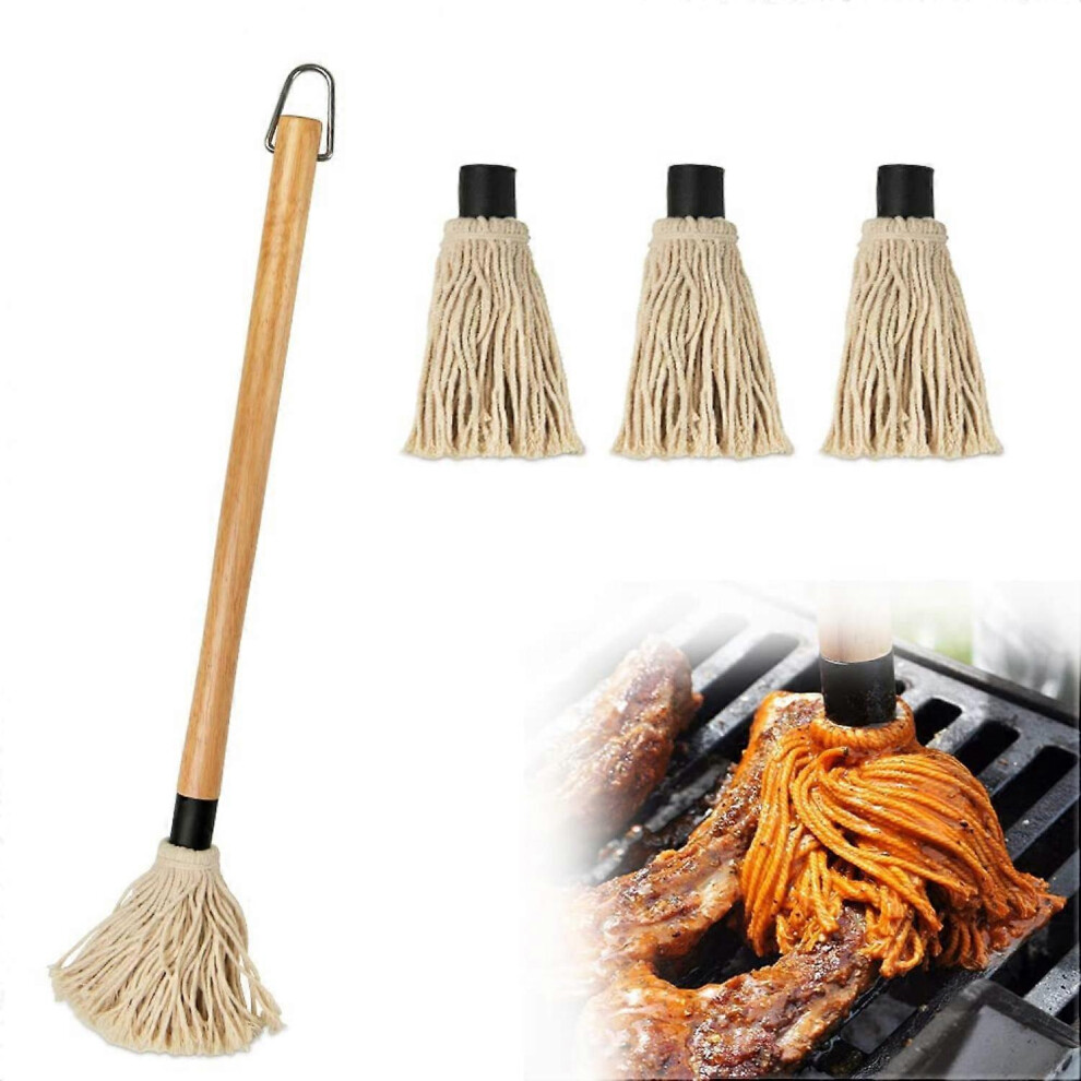 (As show, One size) Barbecue Basting Brushes, Grill Basting Mop 18inch Wooden Long Handle with 3 Extra Replacement Heads for BBQ Grilling Smoking Stea-image-OPC-PHJYDQW-NEW