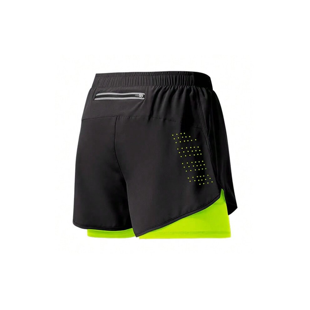 (fluorescent green, XL(80-90kg)) Men's Running Shorts Quick-drying Fitness Black Double Layer Shorts Men New Sport Workout Training Bodybuilding Short Pants