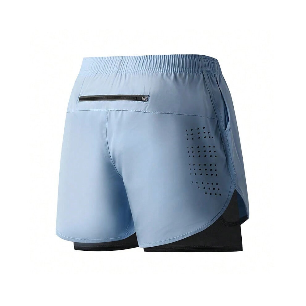 (Sky Blue, XXL(90-100kg)) Men's Running Shorts Quick-drying Fitness Black Double Layer Shorts Men New Sport Workout Training Bodybuilding Short Pants