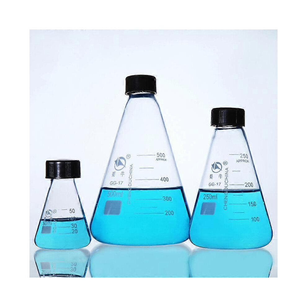 (As show, One size) 50ml 100ml 250ml 500ml 1000ml Lab Glassware Medical Pyrex Glass Conical Erlenmeyer Flask Sample Bottle with Screw Lid Stopper