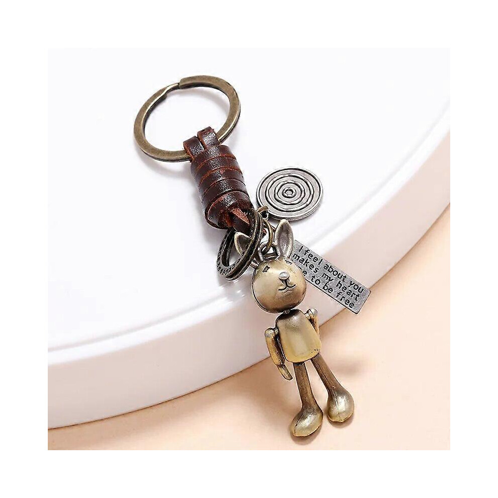 (As show, One size) 3D Joint Mobility Mini Retro Punk Cowhide Knitted Keyring Leather Keychain Car Metal Decoration Jewelry Rabbit Pendant Gift