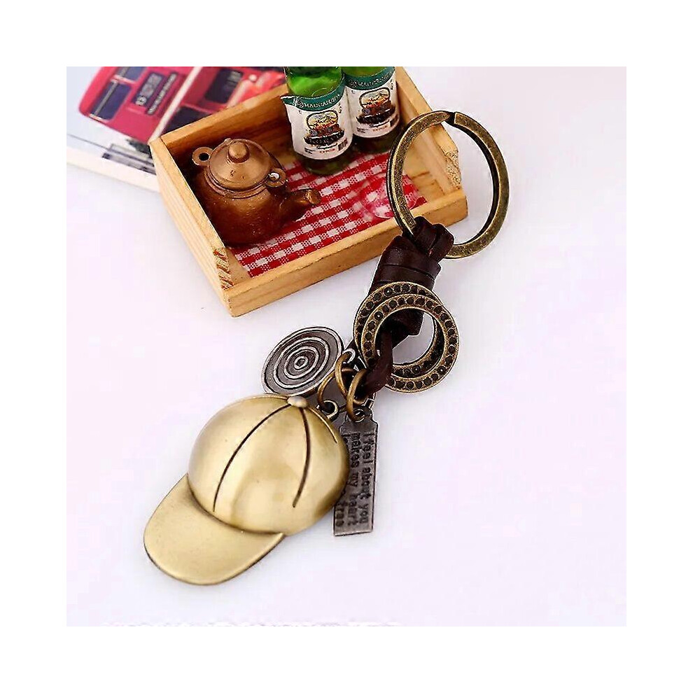 (As Show, One Size) 3D Stereoscopic Mini Retro Punk Cowhide Knitted Keyring Leather Keychain Car Metal Decoration Jewelry Hat Pendant Gift Bronze