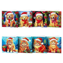 (As show, One size) 8pcs 5D DIY Diamond Art Assorted Christmas Cat and Dog Card Kits for Adults Diamond Painting Christmas Greetings Card Kit