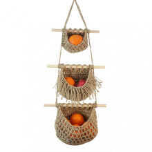 (Brown) Hanging Fruit Basket with 3 Tier Multi-Purpose Veggie Finishing Bag for Home Use