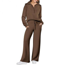 (M, Brown) Women's Half Zip Sweatshirt Wide Leg Sweatpant Set Comfortable Stylish Leisure Suit Birthday Christmas Gift