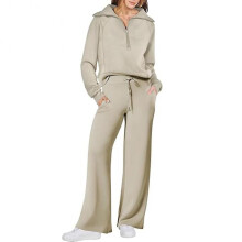 (XL, Kaki) Women's Half Zip Sweatshirt Wide Leg Sweatpant Set Comfortable Stylish Leisure Suit Birthday Christmas Gift