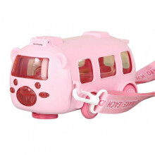 (Pink) Cute Bus Water Bottle for Kids, 500ml, BPA-Free, Spill-Free Straw, Ideal for School & Outdoor Activities