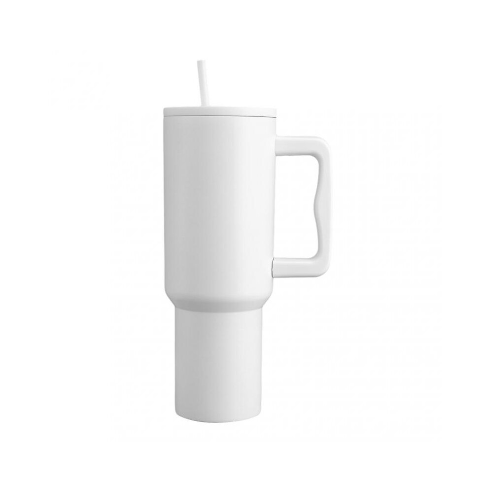 (White)Solid-Color Stainless Steel Cup with Straw Portable Large Capacity Drinking Mug for Fitness Workout