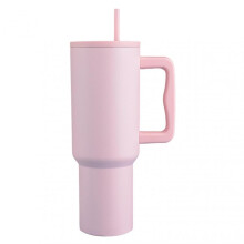 (Pink) Solid-Color Stainless Steel Cup with Straw Portable Large Capacity Drinking Mug for Fitness Workout