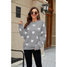 (M, Grey) Fashion Love Heart-Shaped Pattern Casual Sweater Breathable Versatile Warming Top Valentine's Day Gift