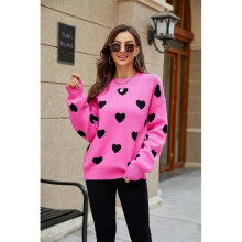 (L, Rose Red) Fashion Love Heart-Shaped Pattern Casual Sweater Breathable Versatile Warming Top Valentine's Day Gift