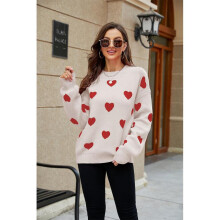 (XL, Red Apricot Color) Fashion Love Heart-Shaped Pattern Casual Sweater Breathable Versatile Warming Top Valentine's Day Gift