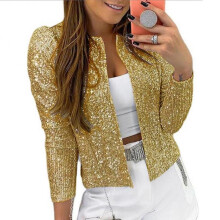 (S, Gold) Women's Sequin Jacket Open Front Sequins Cardigan Outwear Collarless Glitter Short Jacket for Dating