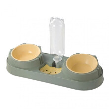 (Ordinary Paragraph, Green) Pet Double Bowl Feeder Automatic Water Dispenser Anti-Overturning Pet Cat Feeding Bowl