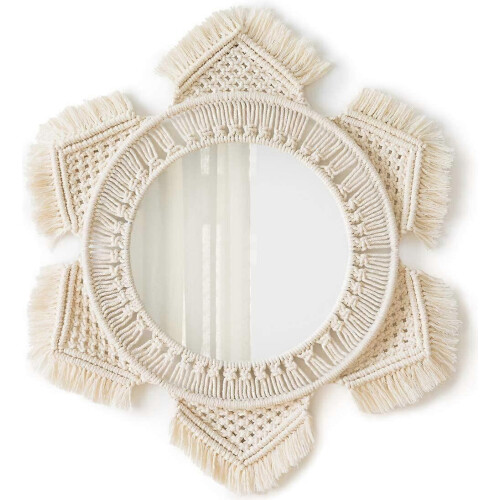(As show, One size) Hanging Wall Mirror with Boho Fringe Round Decorative Mirror