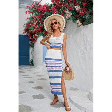 (S, Blue) Fashion Hollow Striped Camisole with Split Skirt Comfortable All-match Clothing for Women Daily Wear