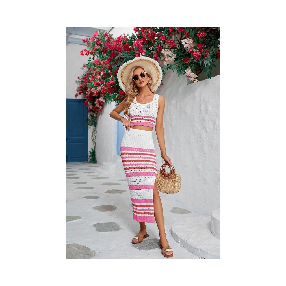 (XL,Rose Red)Fashion Hollow Striped Camisole with Split Skirt Comfortable All-match Clothing for Women Daily Wear