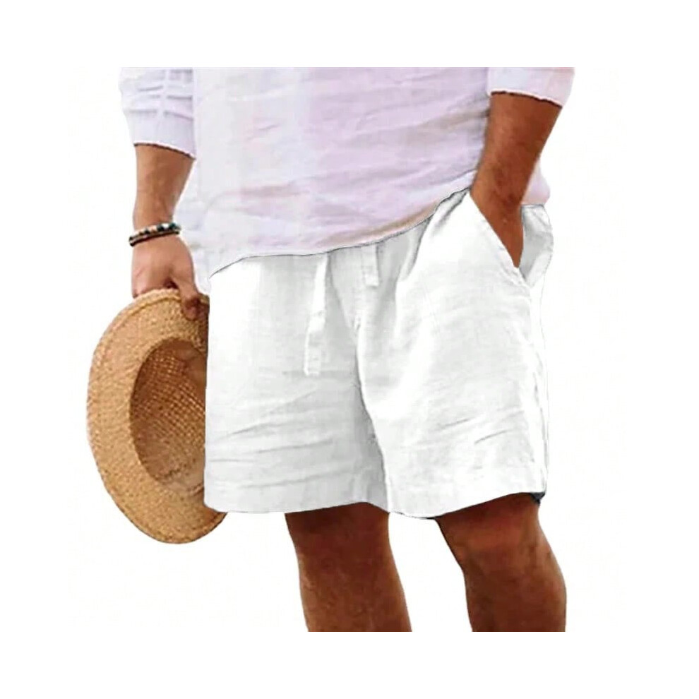 (White, M) New Mens Cotton Solid Color Short Lightweight Gym Pants Linen Beach Shorts Men Jogging Sport Large Short Homme