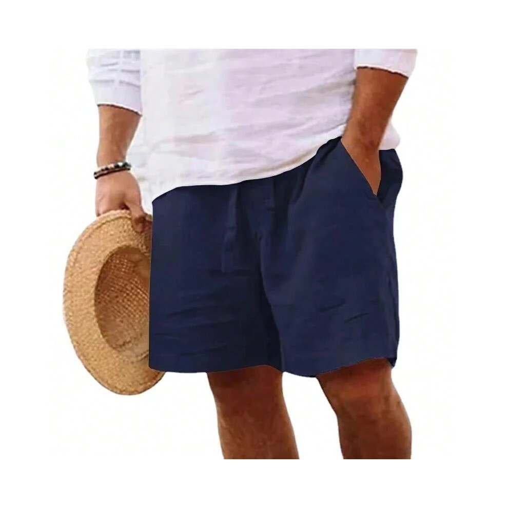(Navy, XXXL) New Mens Cotton Solid Color Short Lightweight Gym Pants Linen Beach Shorts Men Jogging Sport Large Short Homme