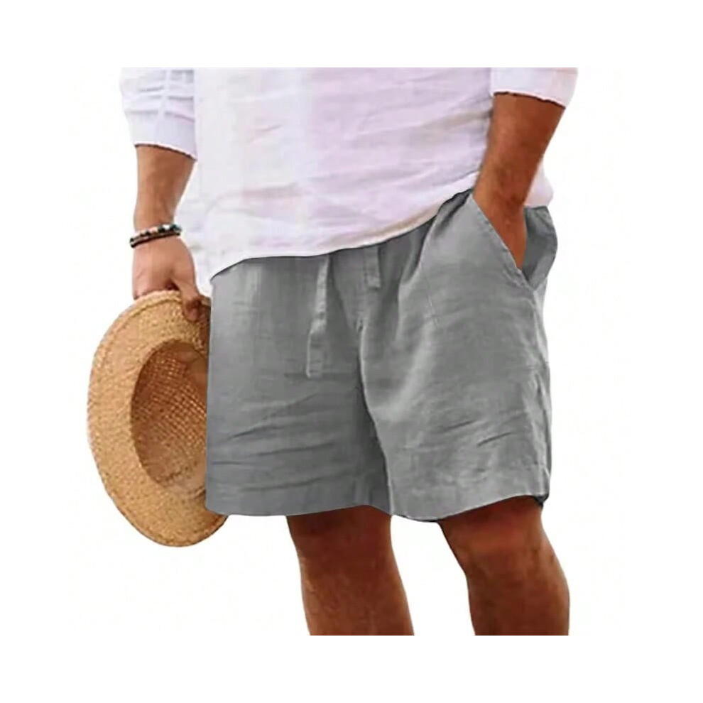 (Gray, S) New Mens Cotton Solid Color Short Lightweight Gym Pants Linen Beach Shorts Men Jogging Sport Large Short Homme