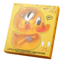 (Little Yellow Duck) Suction Cup Silicone Plates Set Reusable Baby Cutlery Kits for Home Travel