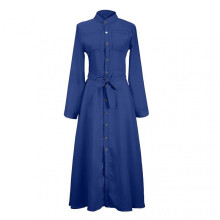(S, Blue) Stylish Single Breasted Long Sleeve Long Dress Soft Comfy Versatile Dress for Women Daily Wear