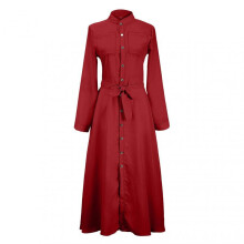 (3XL, Red) Stylish Single Breasted Long Sleeve Long Dress Soft Comfy Versatile Dress for Women Daily Wear