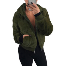 (S, Army Green) Rabbit Fur Faux Plush Jacket Long Sleeve Hooded Thick Warm Winter Coat