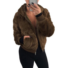 (2XL, Light Coffee) Rabbit Fur Faux Plush Jacket Long Sleeve Hooded Thick Warm Winter Coat