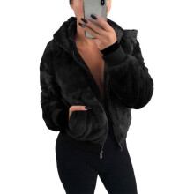 (XL, Black) Rabbit Fur Faux Plush Jacket Long Sleeve Hooded Thick Warm Winter Coat
