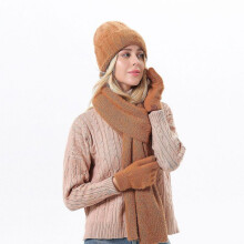 (Brown) Women Winter Warm Gloves Set Thicken Knitted Hoodie Cap Gloves Mitten Scarf Set 5 for Women