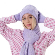 (Purple) Women Winter Warm Gloves Set Thicken Knitted Hoodie Cap Gloves Mitten Scarf Set 5 for Women