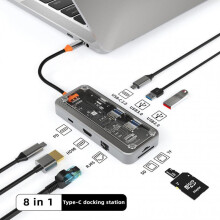 (8in1 100Mbps) Small 10 in 1 Type-C Transparent Docking Station Multi Port USB Flashing Drive Hub for PC Notebook Laptops