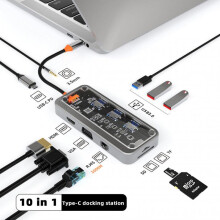 (10in1 1000Mbps) Small 10 in 1 Type-C Transparent Docking Station Multi Port USB Flashing Drive Hub for PC Notebook Laptops