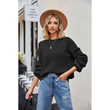 (S, Black) Stylish Solid-Color Loose Sweater for Women Comfy Versatile Leisure Warm Top for Shopping Dating