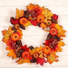 (Without Lights, Garland) Fall Wreath 17 Inch Front Door Wreath Christmas Wreath with Leaves and Red Berry Wreath for Autumn Halloween
