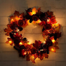(With Lights, Garland) Fall Wreath 17 Inch Front Door Wreath Christmas Wreath with Leaves and Red Berry Wreath for Autumn Halloween