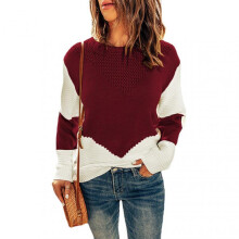 (L, Red Wine) Women Crewneck Long Sleeve Knit Pullover Comfortable Breathable Sweater for Shopping Dating