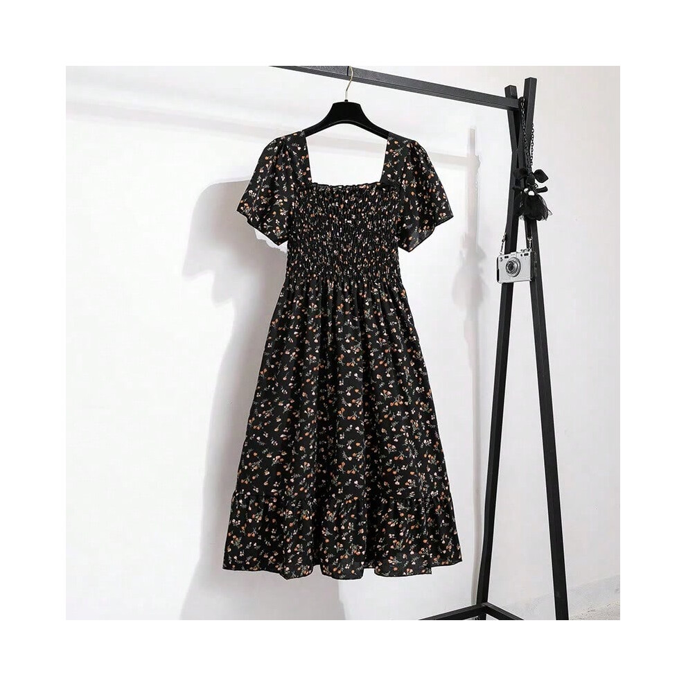 (black, One Size) Spring Summer Chiffon Dress Women Midi DressesFemale Short Sleeve Elastic Waist Printed Floral Pleated Backless Casual Dress