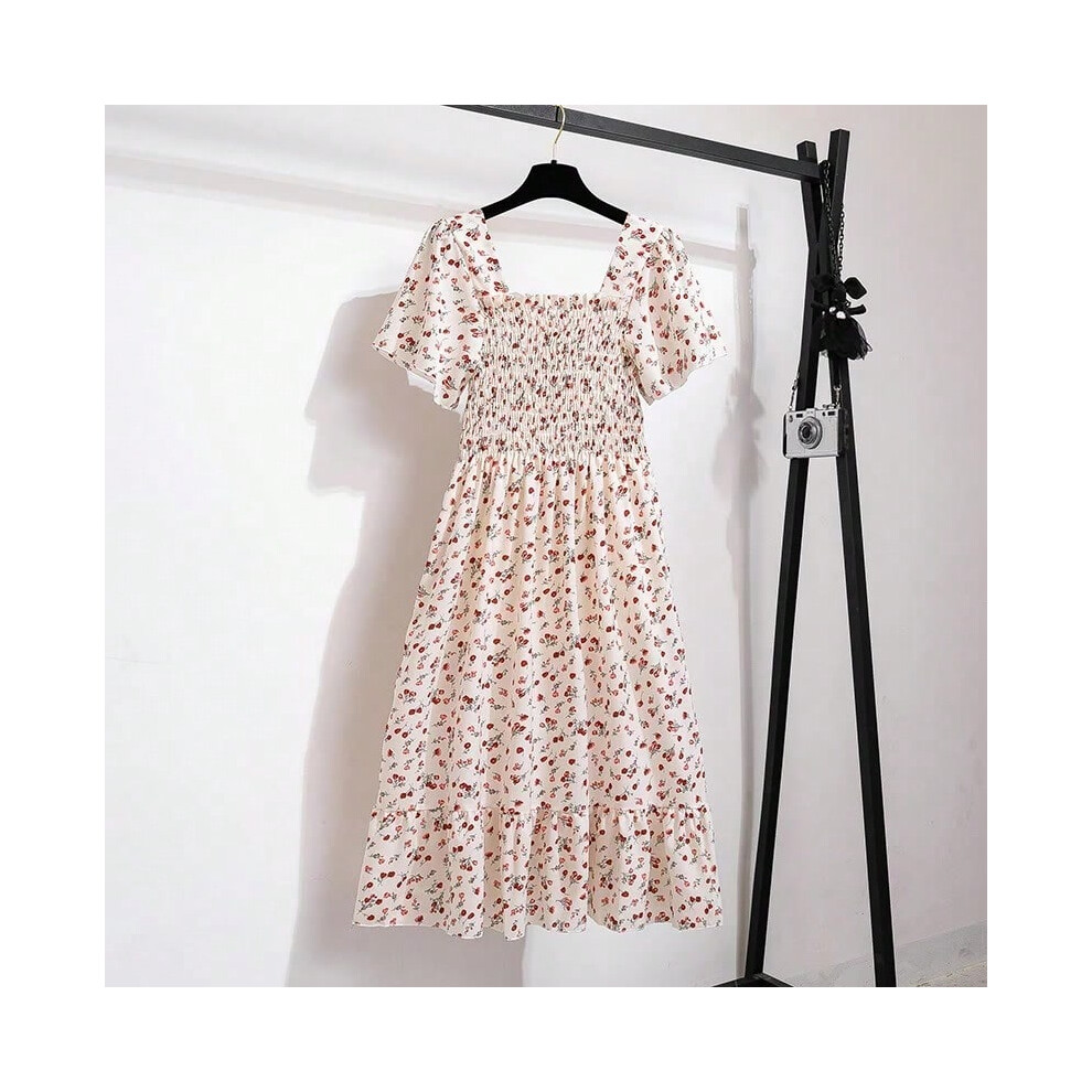 (Beige, One Size) Spring Summer Chiffon Dress Women Midi DressesFemale Short Sleeve Elastic Waist Printed Floral Pleated Backless Casual Dress