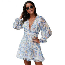 Women's V-neck Floral Dress Waist-skimming Backless Long Sleeve Dress for Spring Summer