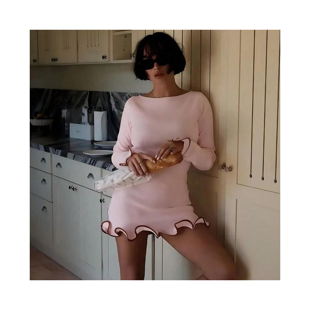 (Pink, M) New Women Dresses Elegant Round Neck Pleat Long Sleeve New Casual Slim Pink Sexy Black Mini Dress Female Chic Party Street Dress