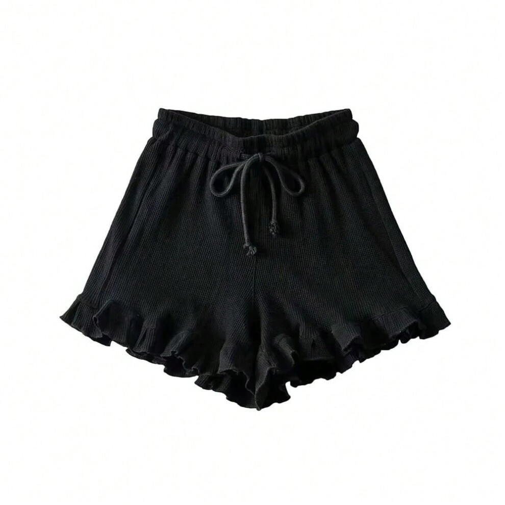(black, XL) Women Ruffled Shorts Summer Fashion Female Solid Cool Leisure Comfortable Elastic Waist Lace Shorts Girls Summer Shorts
