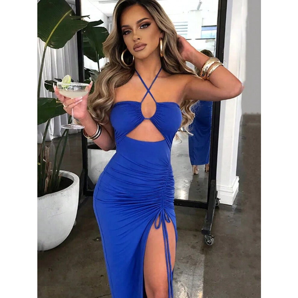 (Blue, L) Sleeveless Sexy Female Midi Backless Dresses Slim Night Club Party Women's Dress Bodycon Vestidos Elegantes Para Mujer