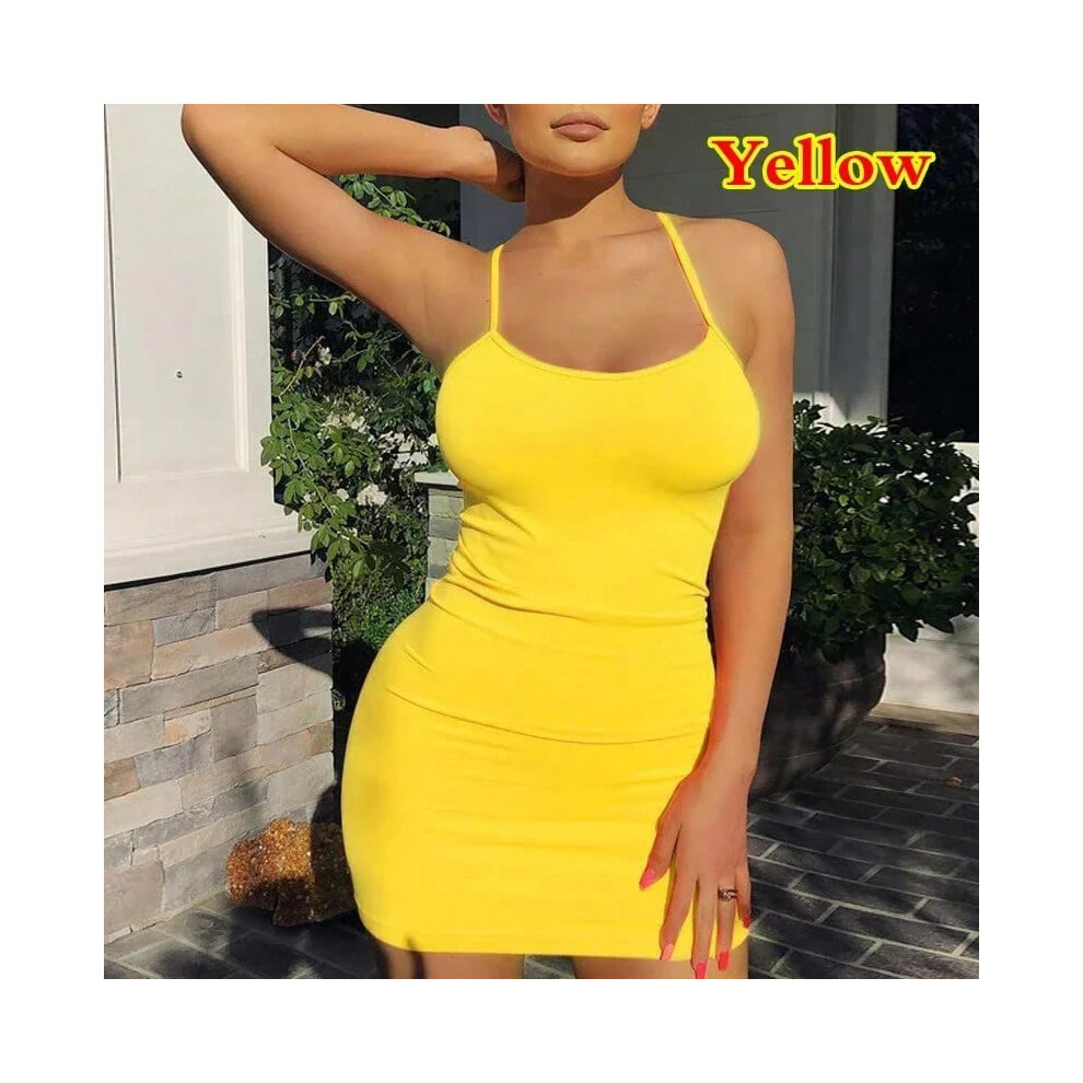 (Yellow, XXL) Summer Spaghetti Strap Mini Dress 2025 Women Sexy Bodycon Club Party Dresses Short Female Camisole Solid Black Sheath Sundress-image-OPC-PHK22W9-NEW