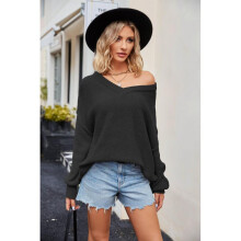 (M, Black) Solid-Color V-neck Loose Sweater for Women Leisure All-match Warm Clothes for Shopping Dating