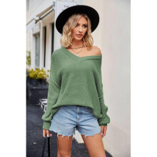 (L, Green) Solid-Color V-neck Loose Sweater for Women Leisure All-match Warm Clothes for Shopping Dating