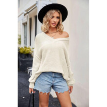 (XL, Apricot) Solid-Color V-neck Loose Sweater for Women Leisure All-match Warm Clothes for Shopping Dating