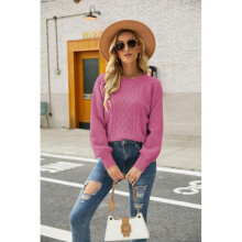(S, Rose Red) Elegant Knitted Sweater with Round Neck Comfortable Breathable Clothes Birthday Chirstmas Gift